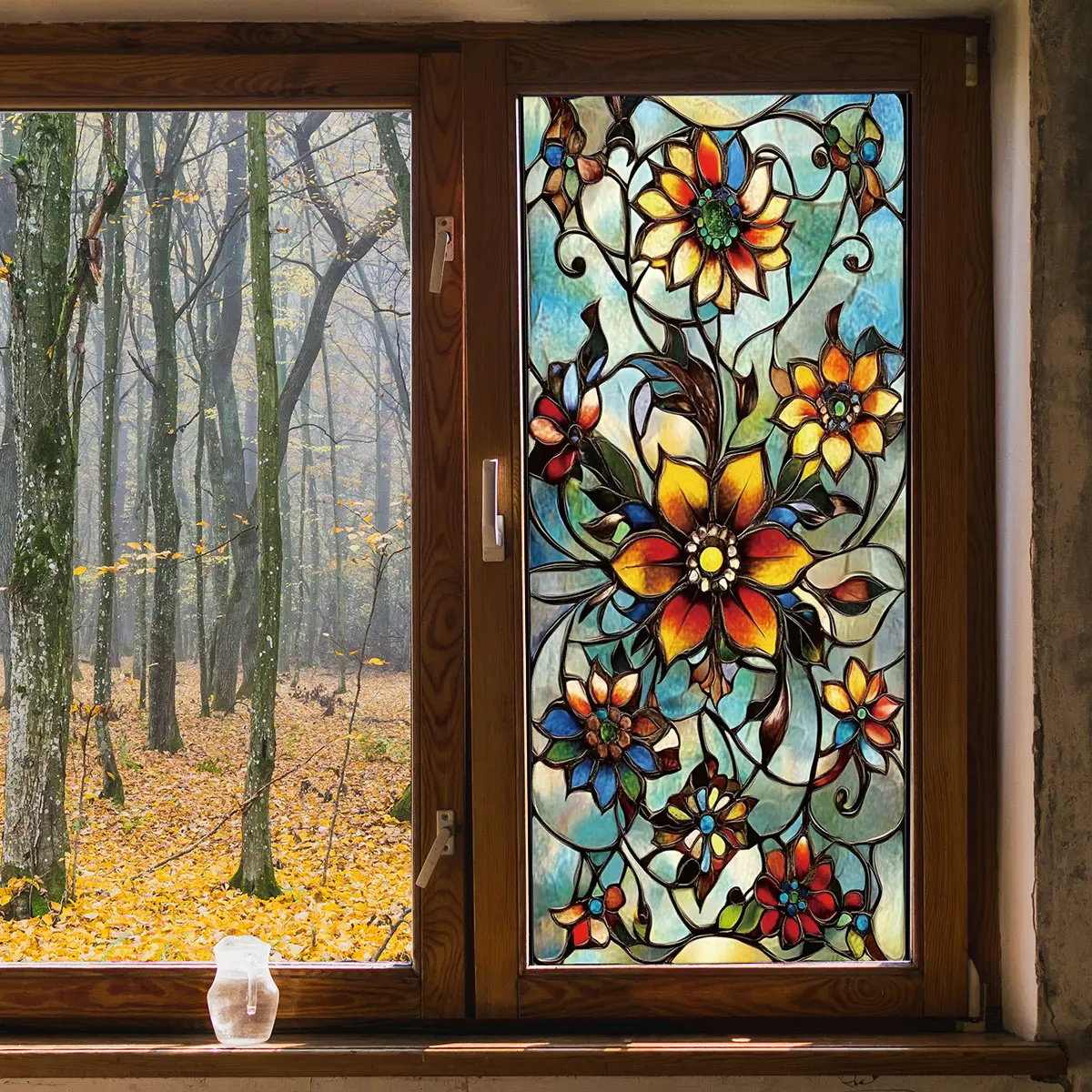Vintage Floral Flower Window Decal Decorative Sticker, Dual-Sided Print, Static Cling No Glue Needed, Glass Door Display Decor, Door Decorations, Easy Application