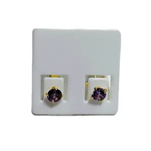Purple Crystal Stud Earrings with Gold tone Back - Push Back Style - Unisex - CZ