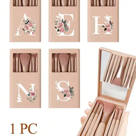 Skin-Tone Portable Makeup Brush Set with Mirror — Flower A–Z Print, Soft Bristles | Travel Mirror Box, Mini Multifunctional Brushes (Foundation, Eyeshadow, Blending) | Organizer Rack | Ideal Beginner & Travel Gift