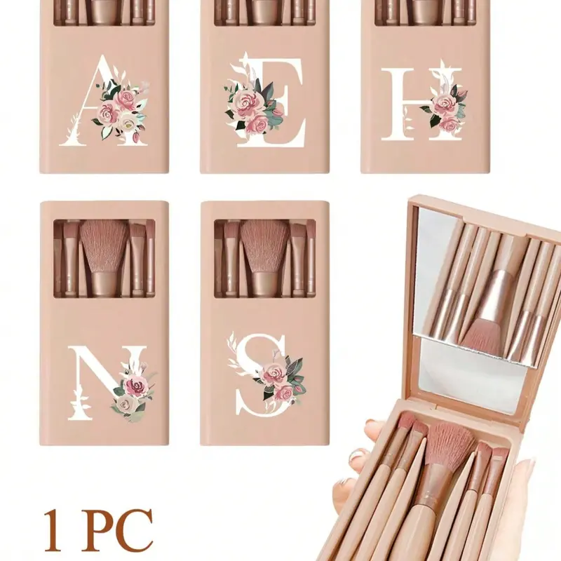 Skin-Tone Portable Makeup Brush Set with Mirror — Flower A–Z Print, Soft Bristles | Travel Mirror Box, Mini Multifunctional Brushes (Foundation, Eyeshadow, Blending) | Organizer Rack | Ideal Beginner & Travel Gift