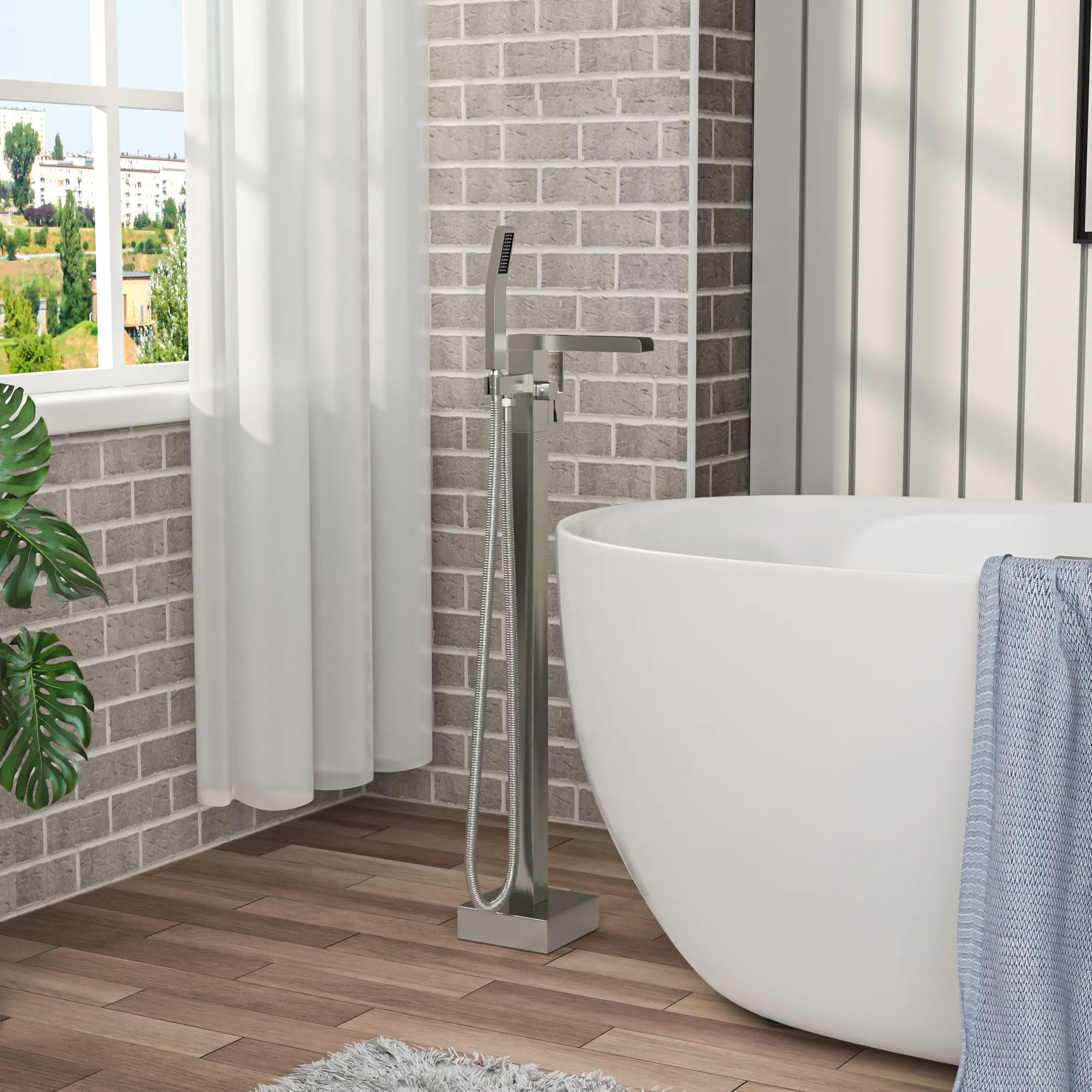 Freestanding Bathtub Faucet Waterfall Tub Filler Brushed Nickel Floor Mount Brass Bathroom Faucet with Hand Shower Modern Freestanding Tub Faucet for Soaking Bathtub Bathroom Fixture Single Handle, Bathroom Shower Door for Bathtub