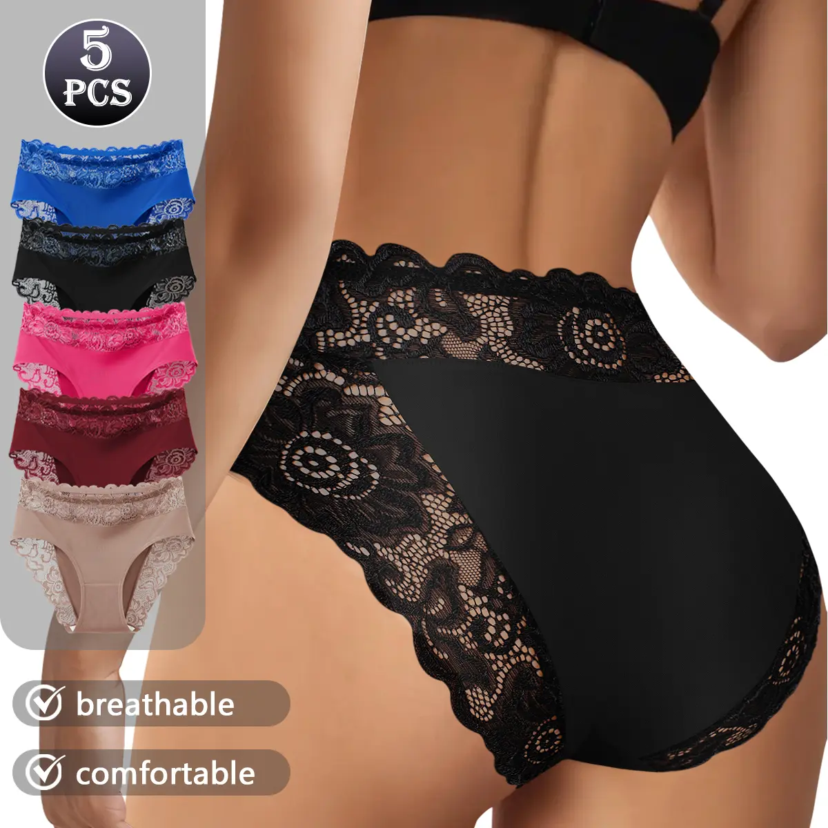 QUASTI Panties for Women, 4/5 Pack Mid-Waist Seamless Lace Underwear, Silky Smooth & Breathable Fabric, Highly Elastic Comfortable Fit, Panty