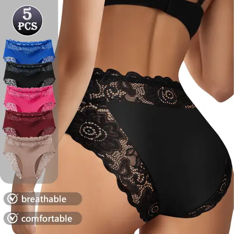 QUASTI 5-Piece Mid-Waist Elegant Breathable Lace Women's Panties, Silky Smooth Fabric, Soft, Highly Elastic, Comfortable Fit Seamless Womenswear, Sizes S-XXL