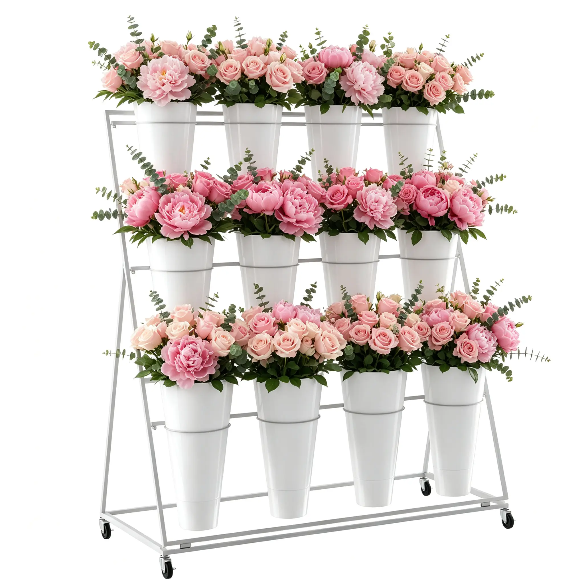 Flower Display Stand 3 Layers with 12 PCS Round Buckets, Plant Stand with Wheels, Movable Metal Plant Stand for Terrace Garden, Florist Shop