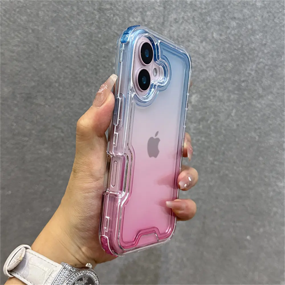 Fin 2-IN-1 Armor Colorful Gradient Clear Phone Case For iPhone 16 15 14 Pro Max 11 13 12 Plus Transparent Silicone Shockproof Cover
