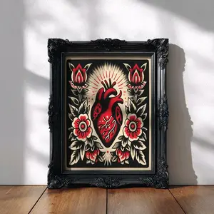 Anatomical Heart Floral Retro Vintage Tattoo Flash Art Print – Traditional Ink Design Wall Decor, Sacred Heart, Classic Flash Illustration