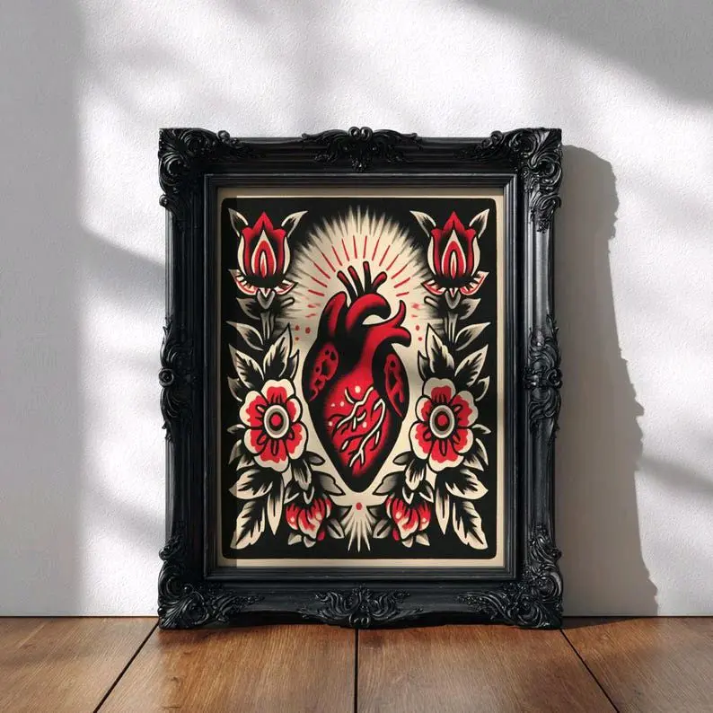 Anatomical Heart Floral Retro Vintage Tattoo Flash Art Print – Traditional Ink Design Wall Decor, Sacred Heart, Classic Flash Illustration