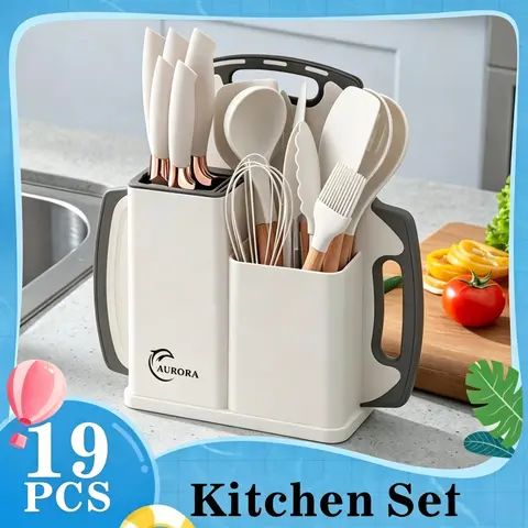 19-Piece Wooden Handle Kitchen Utensils Set - BPA-Free Food Grade Silicone Cooking Tools, Nonstick-Compatible, Heat-Safe Up to 446°F Turner, Spoon, Deep Soup Ladle, Spaghetti Server, Valentine's Day Gift for Her
