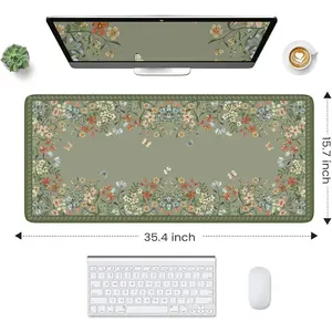 Floral Desk Mat, Green Desk Mat for Keyboard and Mouse, XL Mouse Pad with Non-Slip Rubber Base, Waterproof Computer Pads for Desktop, Gaming, Women Office