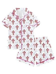 Bowknot Cross Collar Short Sleeve Ribbon Pajamas Set for Teenage Girls, Comfortable Sleepwear, Outer Wear, Party Style, All Seasons