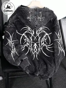 Y2K Rock Wash Full Zip Hoodie, Gothic Cross and Tribal Thorn Pattern, Loose Vintage Warm Sweatshirt, Unisex Dark Streetwear JacketRAIMENTRY