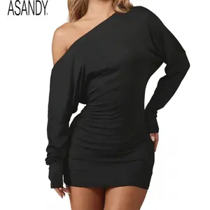 ASANDY Women One Shoulder Off Shoulder Ruched Bodycon Mini Dress Long Sleeve Fall Winter Evening Party Casual Yoga Outfit