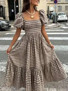 Elegant Plaid Ruffle Hem Casual Dress for Women, Perfect for Leisure, Dates, Vacations, Coffee Color