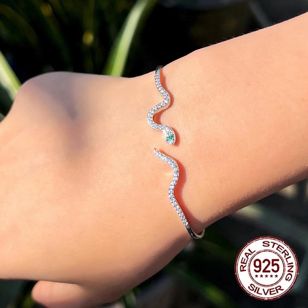925 Sterling Silver Cubic Zirconia Snake Shape Bangle Bracelet - Elegant Design with Unique Shape and Color