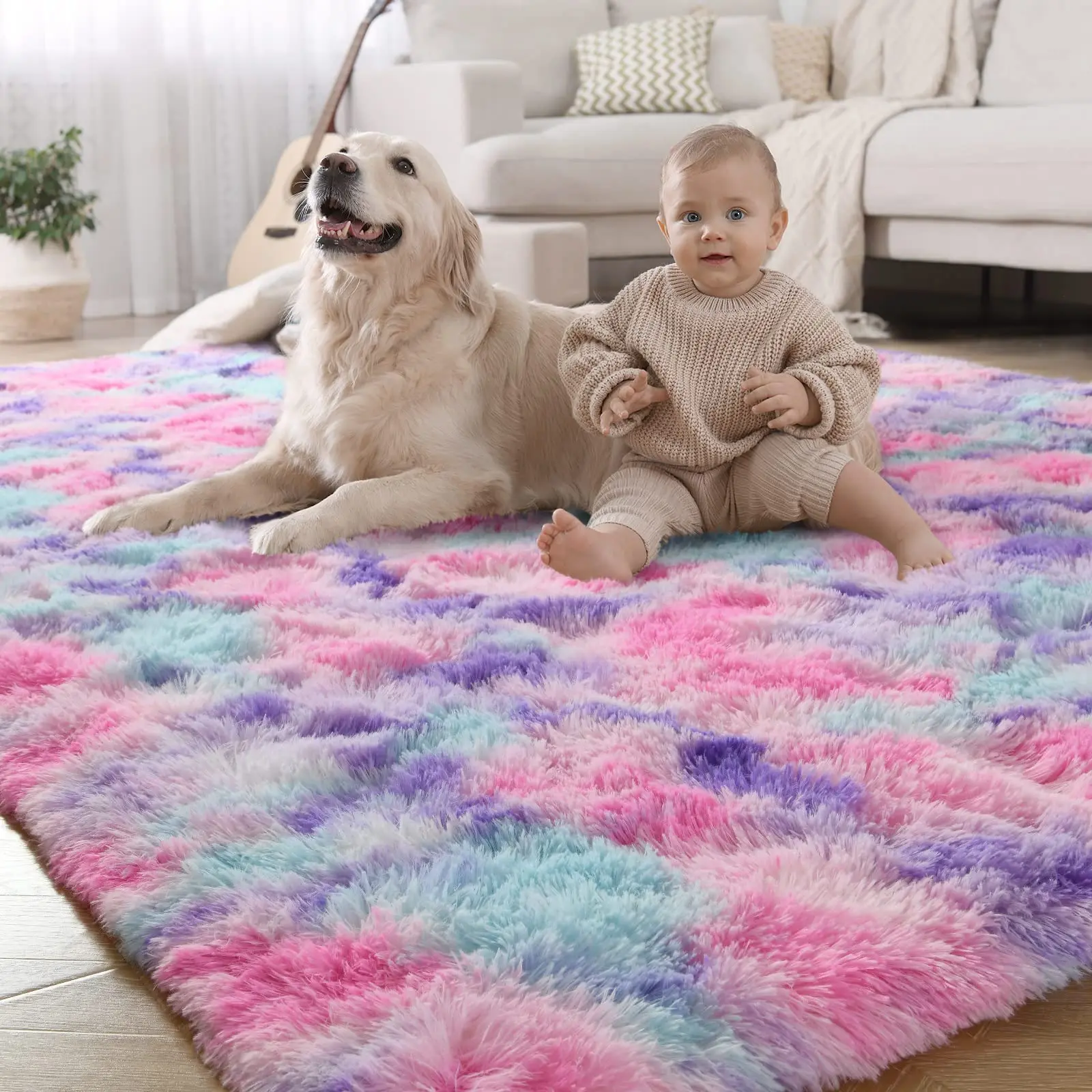 Luxury Fluffy Rainbow Area Rug For Bedroom 4x6  Soft Fuzzy Rugs Playroom Cute Colorful Tie Dye Princess Carpet Living Room Home Decor Pink/purple