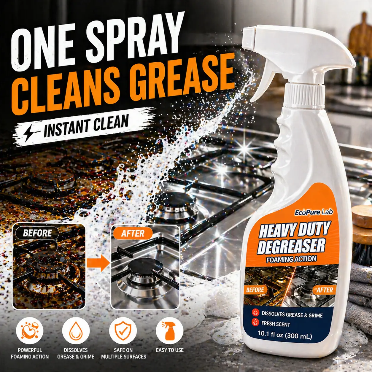 EcoPure Lab Heavy Duty Degreaser – Powerful Kitchen Degreaser Spray, Grease Remover for Stove, Oven, Range Hood & Grill – Removes Tough Oil, Burnt Grease & Stains Fast – No Residue, Non-Toxic Enzyme Cleaner#Summervibes