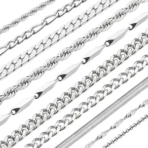 10 count Chains for Men  Necklace Stackable Stainless Steel Chains Set Mens  Set Cross Cuban Link Figaro Chain