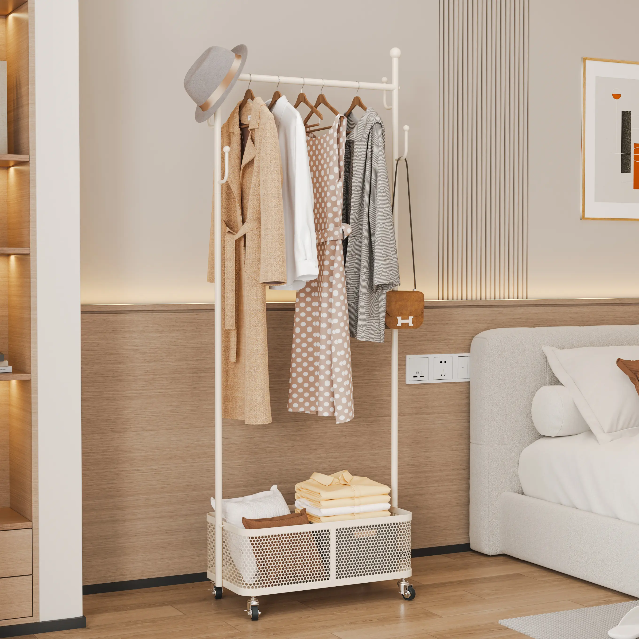 Cream-Colored Metal Freestanding Clothes Coat Rack - Modern Minimalist Design for Minimalist Decluttering, Durable Heavy-Duty Build, Large Load Capacity, Storage Basket, Mesh Shelf, Casters, Easy Assembly Accessories