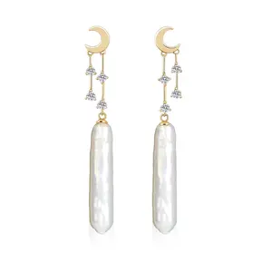 Evry Jewel Gold -Natural Rare Aurora Freshwater Baroque  & Zircon Earrings Star & Moon Dreamy Elements 18K Gold Color cubic zirconia jewelry gift Trendy Sterling Silver Stud Earrings Set girlfriend anniversary julie  vos  jewelry  perfect baroque