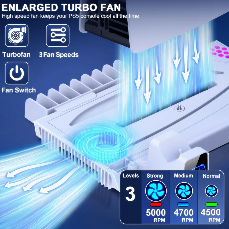 PS5 Slim Stand Cooling Station with PS5 Controller Charger for Playstation 5/Slim Console, PS5 Accessories Vertical Stand Incl.3 Levels Cooling Fan,Light,Headset Holder,14 Game Slot