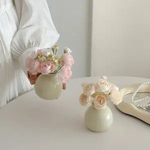 Mini Ceramic Flower Vase Set with Artificial Flowers, Instagram-Style Room Decor, Small Daisy Dried Flowers Desktop Ornament
