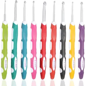 9Pcs Crochet Hooks, Ergonomic Crochets Hooks Set, Hook Knititng Needles Non Slip Rubber Handle Crochets, Long Crocheting Hook Grips for Beginners and Experiecced Crochet Lover