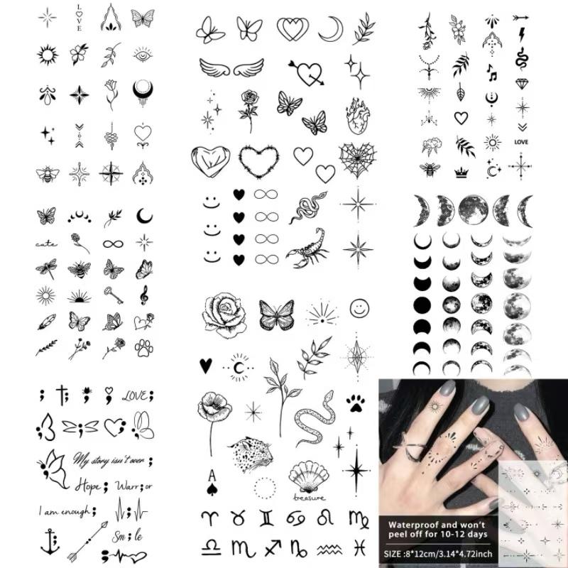 8 Sheets 154 Pcs Tiny Small Temporary Tattoos For Women Men Finger Hands, Cartoon Bohemia Fake Tattoo Stickers For  Parties, Festivals & Halloween,  Bulk Cute Black Long Lasting Vintage Tatoos Neck Cholo,