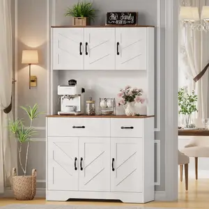 71" Pantry Cabinet with Charging Station, Kitchen Hutch Storage Cabinet with Countertop & Drawer, Farmhouse Food Pantry with Microwave Stand & Adjustable Shelves for Living Room, Dining Room