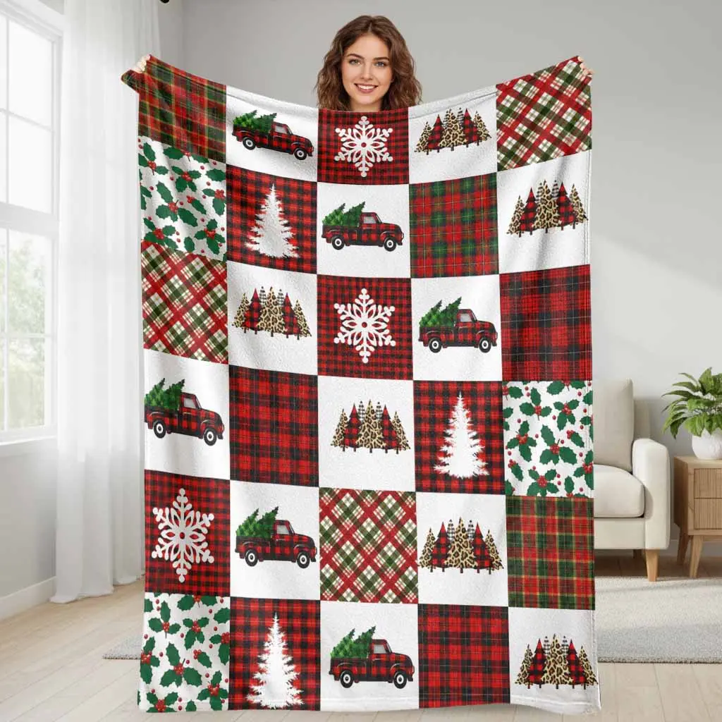 Buffalo Plaid Flannel Blanket Red Christmas Truck Snowflake Pine Tree Print Ultra Soft Plush Cozy Throw Lightweight Warm Bedding Decor for Winter Holidays Living Room Couch Sofa Bed Gift Idea
