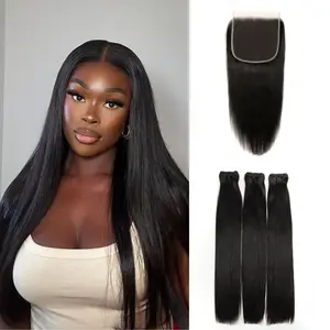 WOWANGEL 5x5 Skinlike Real HD Lace Closure with 3 Bundles Straight Body Wave Human Hair with 5x5 Closure 18 20 22 100% Unprocessed Human Hair Extensions