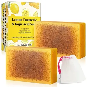 2PCS Lemon Turmeric Kojic Soap,Turmeric Soap Bar,Natural Gentle Cleanser for Face and Body,Natural Turmeric Handmade Soap for Men, Women