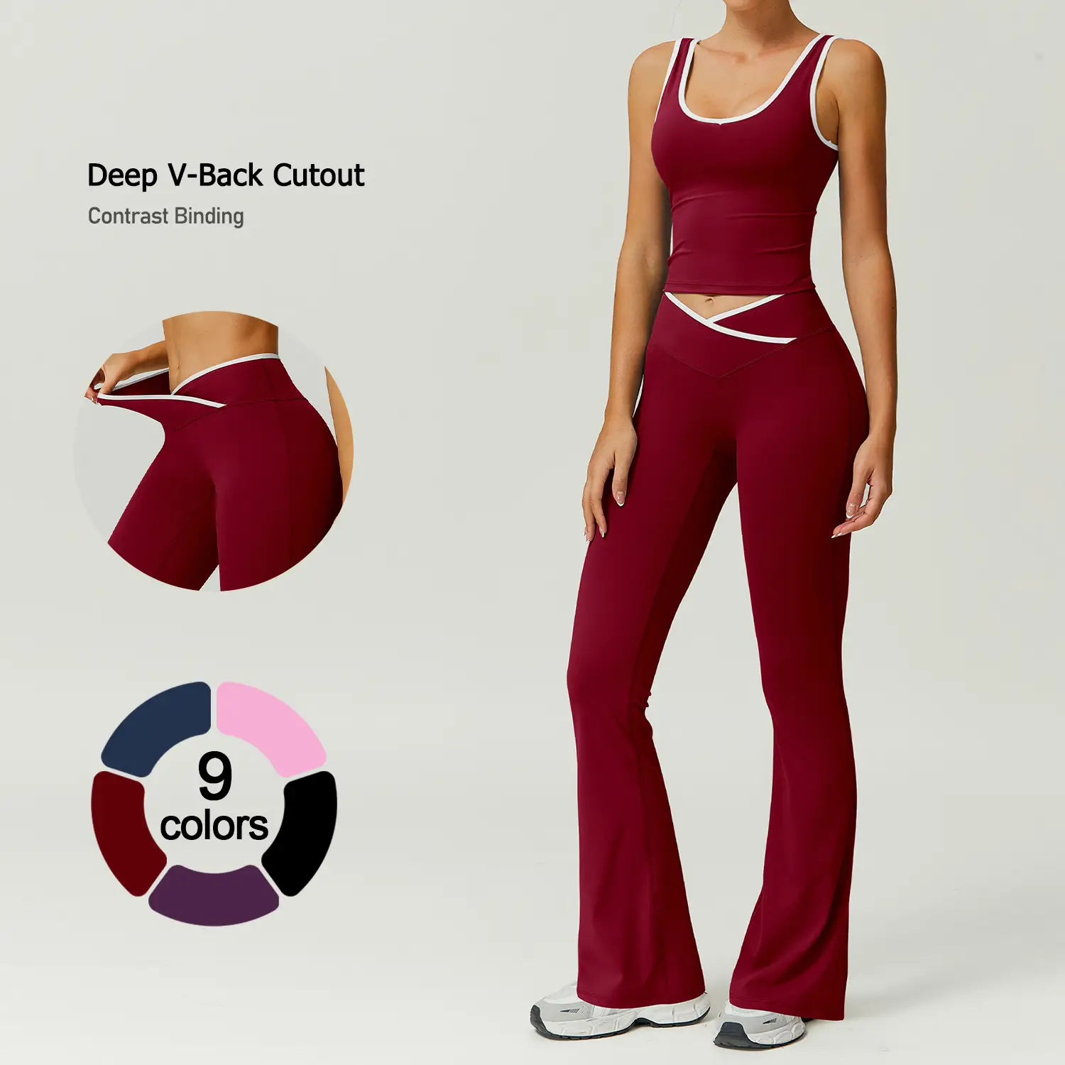 TimeOFF Two-Piece Color Block U-Neck Piped Tank & Bell Bottom Set , Stretch Fabric, Flared Fit , Yoga, Gym, Outdoor & Daily Athleisure , Wome Stylish