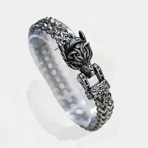 1pc Norwegian Wolf Bracelet Men's Stainless Steel Mesh Chain Openable Wolf Mouth Bracelet Amulet Jewelry