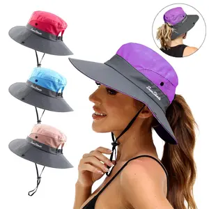 Women Ponytail Sun Hat UPF 50+ UV Protection Wide Brim Bucket Hat Foldable Adjustable Boonie Cap for Beach Outdoor Travel Safari Fishing