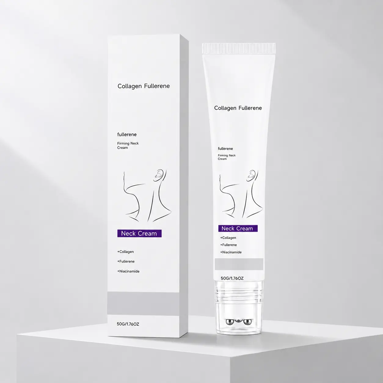 50g Collagen Moisturizing Neck Cream with 5-Roller Applicator, Hydrating and Smoothing Daily Neck Care with Fullerene and Niacinamide for Soft, Supple-Looking Skin