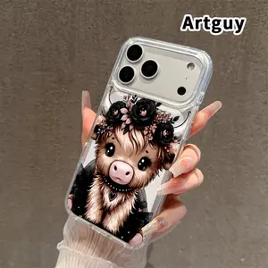 Magnetic Phone Case for iPhone 16 Pro Max Plus 15 14 13 12 11 E Floral Highland Calf  Hard Acrylic Back Soft Silicone Edge Full Coverage Cellphone Cover