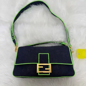 Pre-owned FENDI denim Shoulder Bags Large Baguette Shoulder Bag
