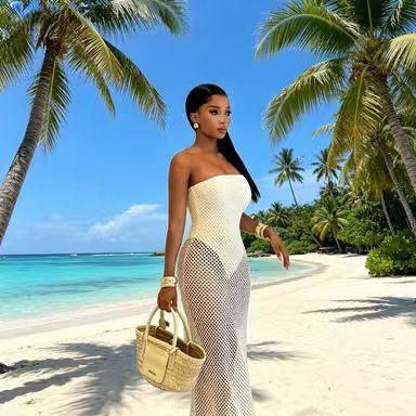 Women's Summer Crochet Mesh Strapless Cover-Up Dress, Womenswear Fake 2-Piece Fringe Beach Maxi Dress for Vacation