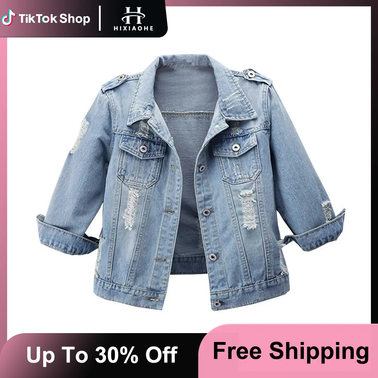 Hixiaohe Women’s 3/4 Sleeve Washed Denim Jackets Distressed Light Cropped Jean Jackets Coats Casual Womenswear