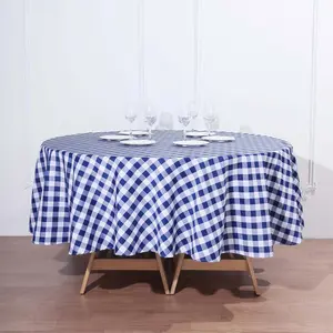 Polyester Round Tablecloth 90" White/Navy Blue Checkered Buffalo Plaid Table Cover