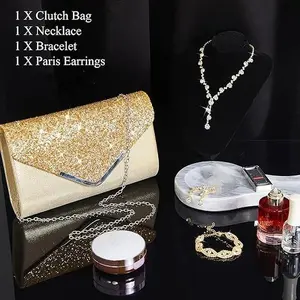 4PCS Gold Clutch Bag Jewelry Set for Women Rhinestone Shiny Evening Purse Handbag Clutches Purses for Wedding Party Gift