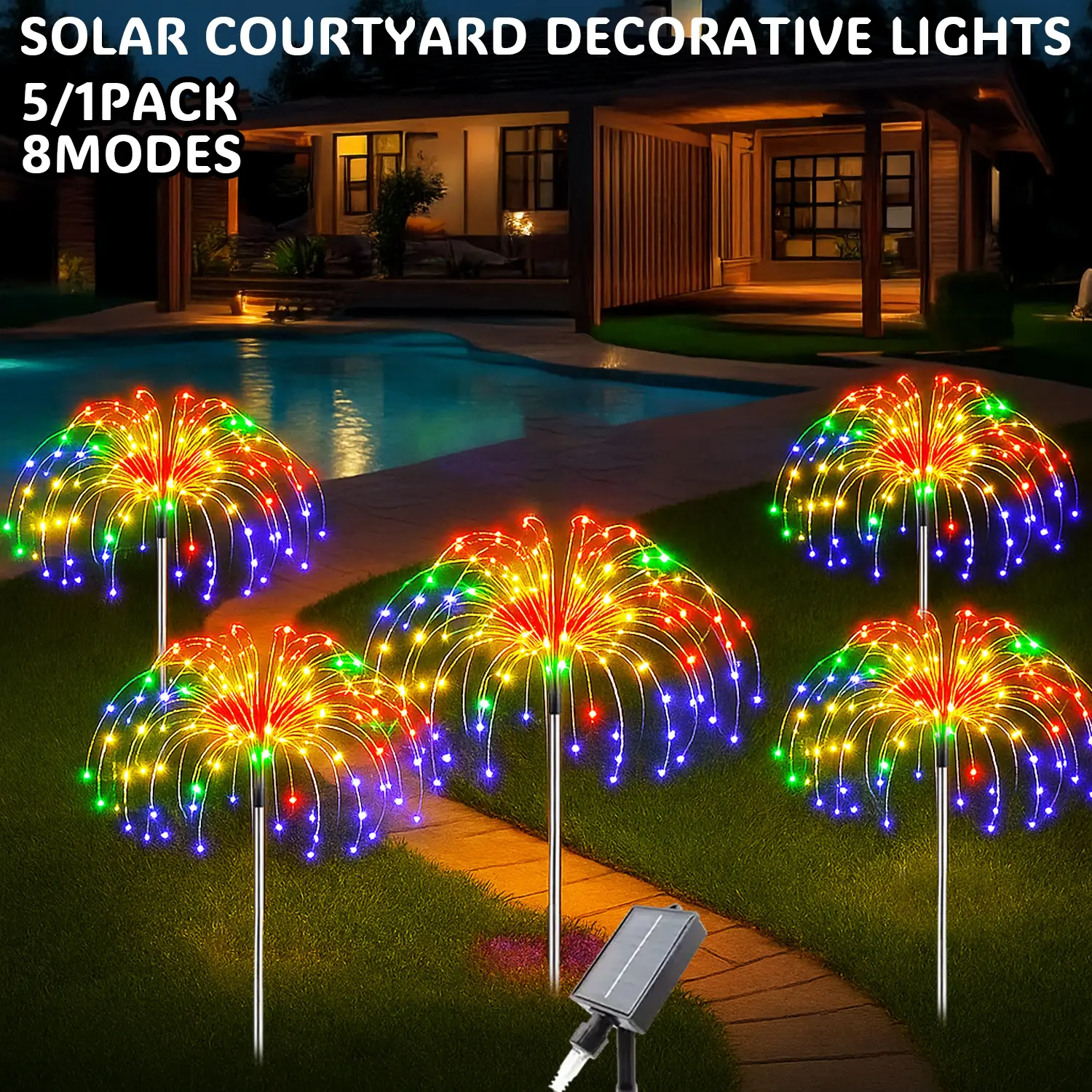 5 Pack Solar Garden Lights Outdoor 8 Modes, 400 LED Firework Lights Solar Powered, Waterproof Twinkle Fairy Light Outside for Yard Pathway Lawn Pool Patio Christmas Decorative, Multicolor/Warm