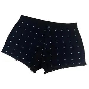 ZHANGYAN Women's Sparkly Beaded Denim Shorts 4-Pocket Button Zipper Jean with Raw Hem Shiny Hot Girl Spring Summer Outfit Festival Holiday Womenswear