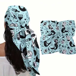 Retro Sailor Mermaid Print Multi-use Head Scarf, Vintage Tattoo Style Bandana Headwrap, Nautical Edgy Hair & Neck Accessory, Cool Trendy Scarf for Festival Outfits, Beach Days, Daily Streetwear & Retro Styling