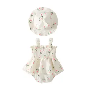 Baby Girl Romper Dress Summer Sleeveless Halter Smocked Dress Floral Print Bubble Romper Newborn Summer Clothes