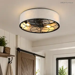 20" Low Profile Fabric Farmhouse Bladeless Ceiling Fan with Remote Control, Round Indoor Ceiling Fanlights with Reversible Motor for Airflow Reversal, Living Room Bedroom Use - Bulbs Not Included, Modern LED Ambient Mood Lighting, 20" Size