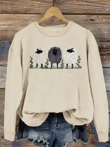 Women's Cartoon Sheep Print Crew Neck Sweatshirt, Casual Drop Shoulder Long Sleeve Pullover, Women's Fall & Winter Clothes for Daily Wear