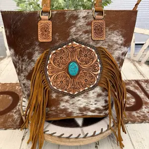 American Darling Tote Bag with Cowhide Design Turquoise Stone Fringe Accents and Floral Embroidery