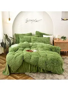 Shaggy  Duvet Cover Set  Size Super Soft Faux  Bedding Set 3 count (1Duvet Cover + 2Pillowcases) Luxurious Plush Comforter Cover Set with Zipper Closure Avocado Green