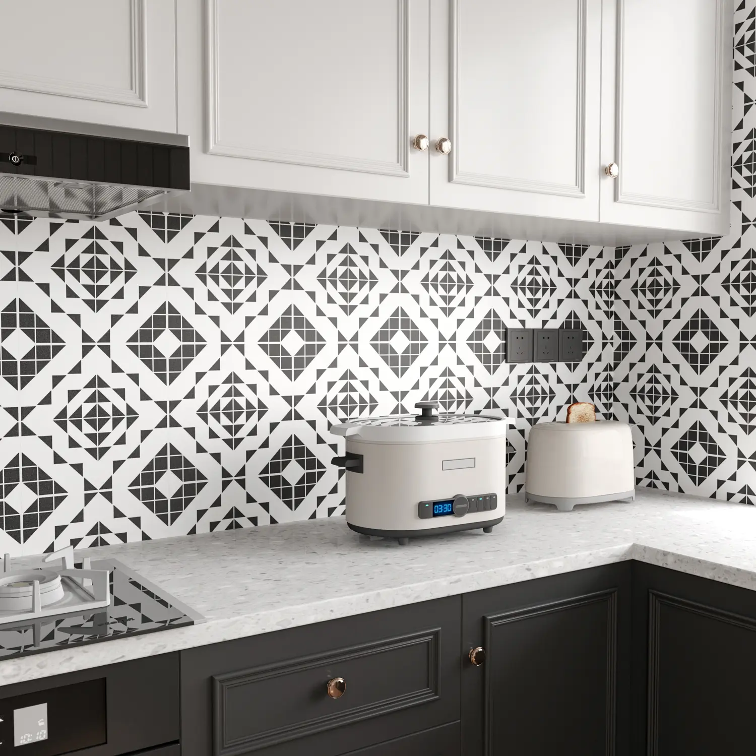Jeedeson Modern Geometric Black and White Peel-and-Stick Vinyl Wallpaper, Renter-Friendly Heat-Insulation Large Size, Commercial-Grade 120 in.l x 12 in.w Waterproof Option for Walls, Fireplace, Commercial Projects